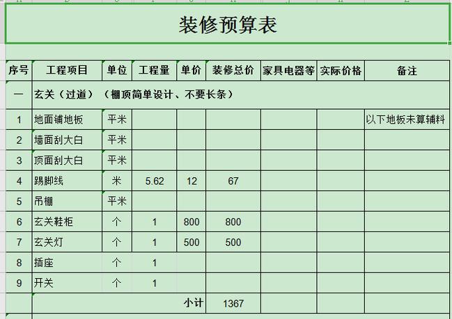 家庭装修明细表(家装装修清单明细表)